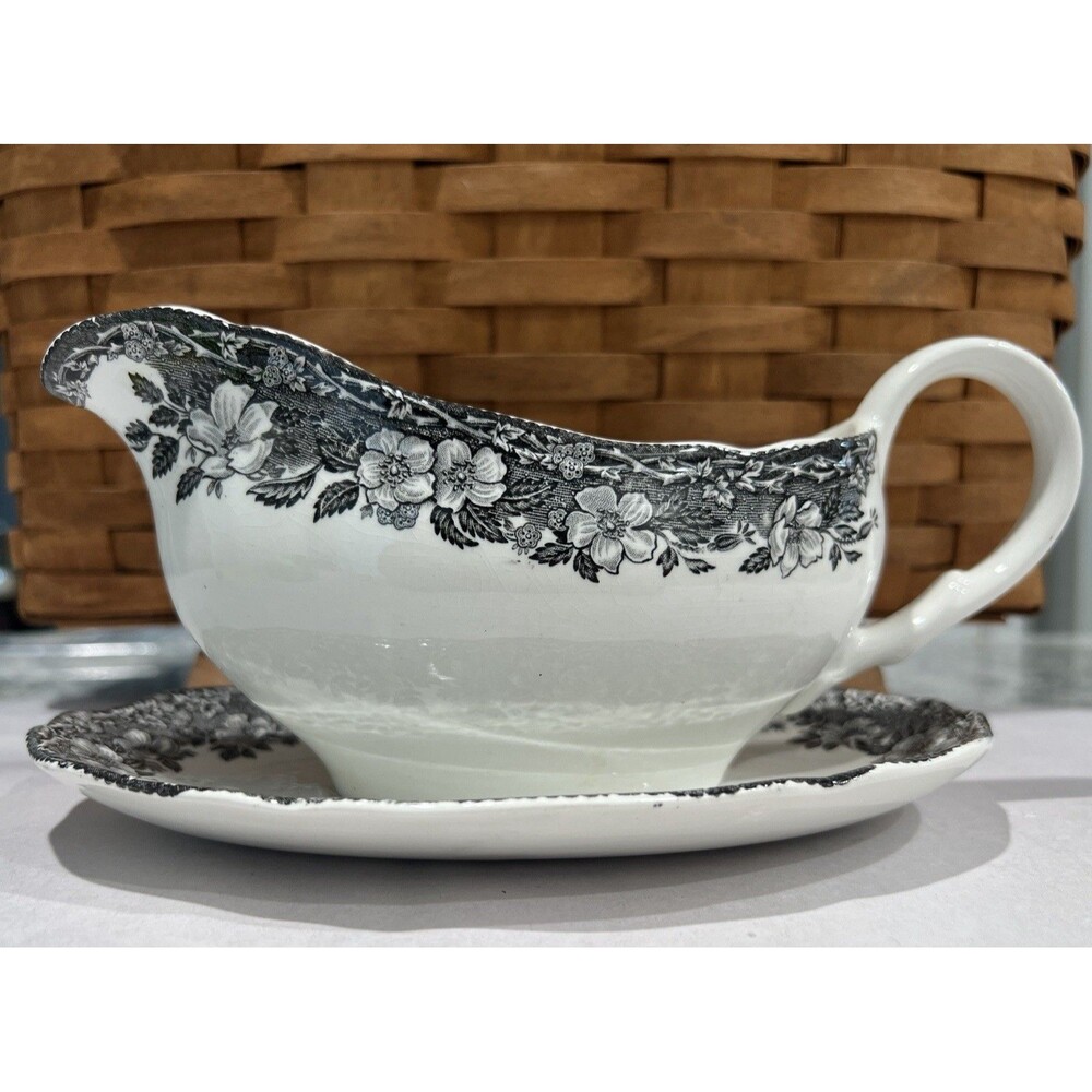 Enoch Wedgwood Malverne Gravy Boat With Under Plate Black White Transferware